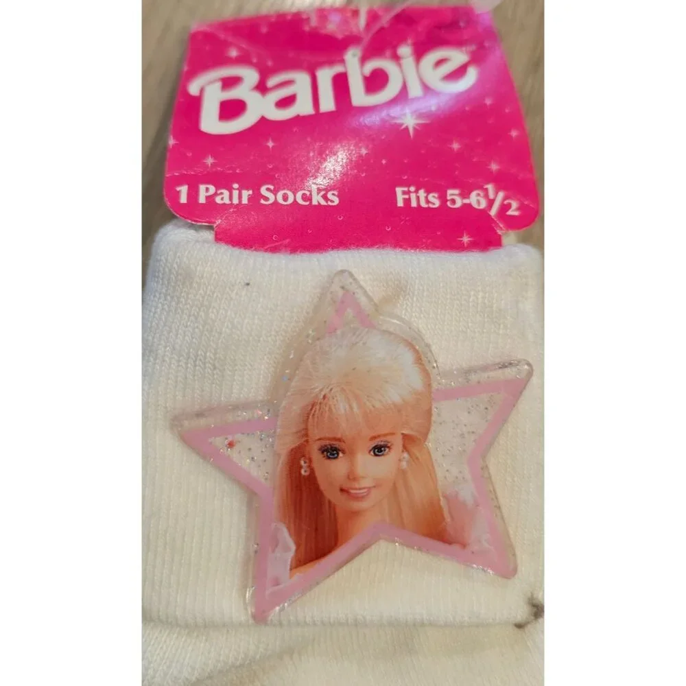 Barbie Vintage Star Glitter White Socks Girls Kids Fits Shoe Size 5 - 6.5 NEW
